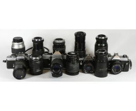 Four 35mm cameras with lenses, to include a Fujica ST750W with a Fujinon 55mm f2.2 lens, a Minolta XD7 with a Makinon 80mm-20