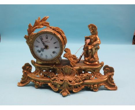 A French period-style ormolu mantel clock, with convex enamelled dial, seated male figure surmount, with key, 14in. wide