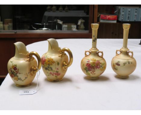 A pair of Royal Worcester jugs, painted with flower sprays against a blush ivory ground, date-codes 1902, shape 1094, 5.25in.