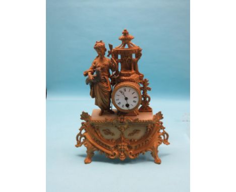 A 19th century French gilt-metal and alabaster mantel clock, with enamelled dial, elaborate case surmounted by female figure 