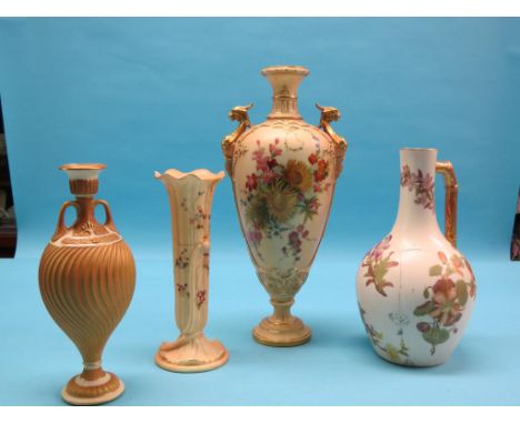 A Royal Worcester vase, ovoid pedestal form with twin gilded griffin handles, body painted with bright flowers against an ivo