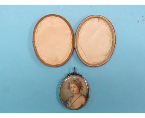 An early 19th century portrait miniature, watercolour portrait bust of a youth, within oval white metal frame and  folding le