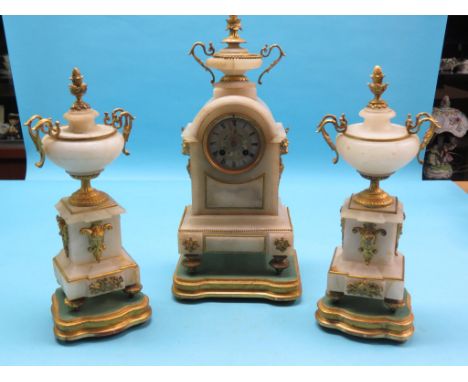 A 19th century French alabaster mantel garniture, 8-day clock with French bell-striking movement, pair of urns, all ormolu-mo