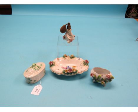 A first period Belleek pot, with cover, clover pattern, and three other ceramic ornaments