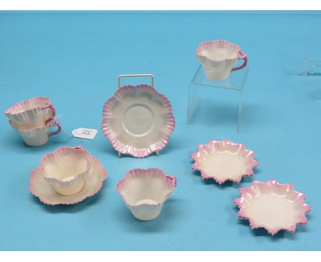 First Period Belleek, part-set of teaware, ribbed design with pink borders, 11 items total