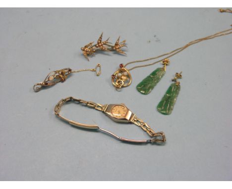 A lady's 9ct. gold Renown wristwatch, 9ct. gold and opal bar-brooch, yellow metal Starling bar-brooch, pendant on chain, and 