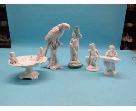 Blanc de chine ceramic ornaments, female seated with basket, youth with grape hod, female water carrier, figural comport and 