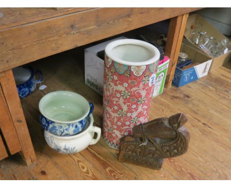 Three various ceramic chamber pots, decorated in underglaze blue, together with a Chinese porcelain stick-stand, 18in. - crac