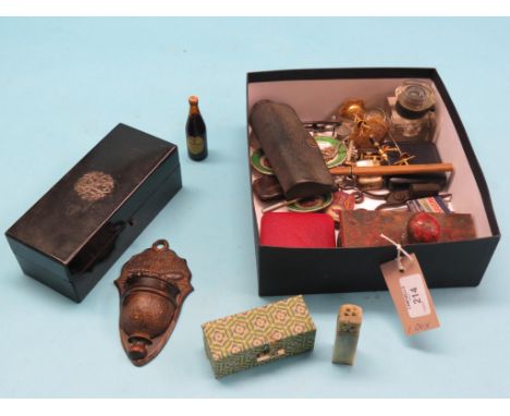 Small collectables, including glass inkwell, carved wood wall-hanging match holder, silver-mounted ebony box, etc.