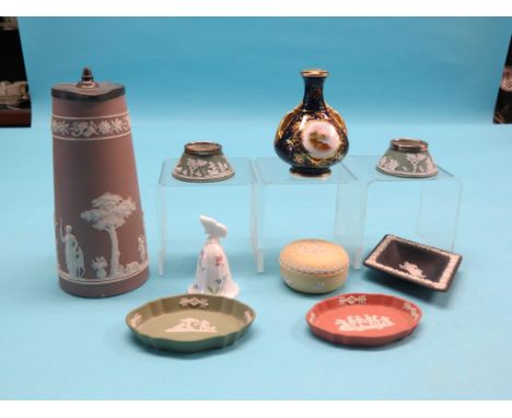 A Royal Worcester candle-extinguisher, pair of silver-mounted Wedgwood green jasper pots, other similar jasper ware and a min