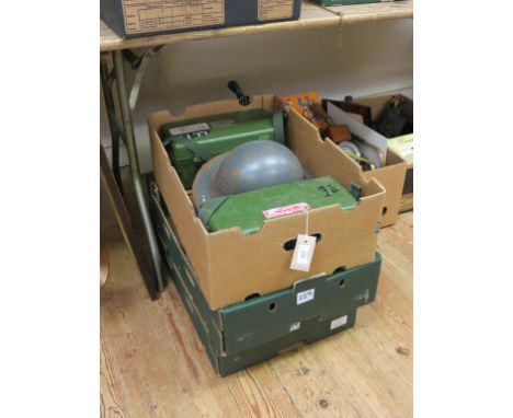 British Army kit, field telephone hand-sets, steel helmets, gas masks, etc.