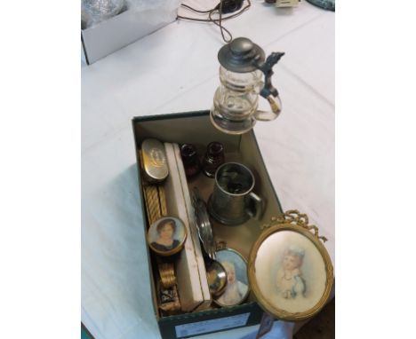 A 19th century German glass ale stein, pair of ruby glass scent bottles, two boxed fans, four portrait miniatures, etc. 