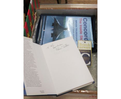 Brian Trubshaw - two Concorde books personally autographed for Mr. J. Evans, one a.f. and a Concorde souvenir folder containi