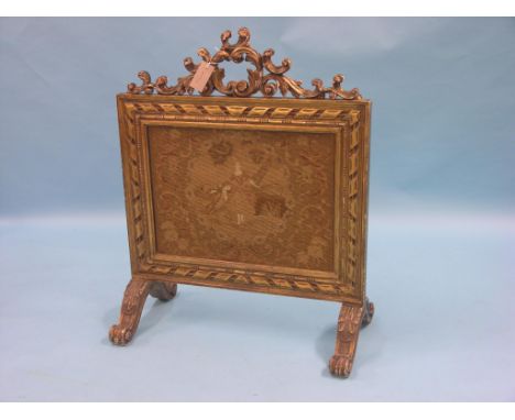 A Louis XV-style giltwood firescreen, with inset tapestry panel, on scroll feet, 2ft. 2in.