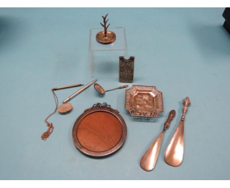 Small silverware, ring-stand, circular portrait photograph frame, oval pill-box, two propelling pencils, etc. (10)