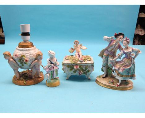 A Sitzendorf porcelain figure group, male and female dancers, 7.5in., smaller figure of a female, encrusted Sitzendorf box, c