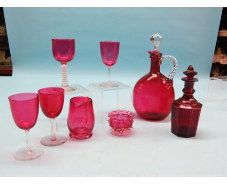 A small, early 19th century ruby glass decanter, octagonal-shape with stopper, 7.25in., Victorian cranberry glass decanter, w