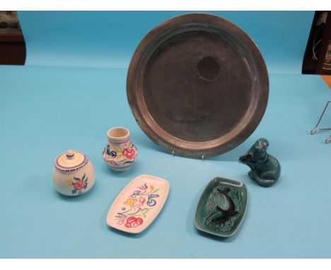 Two Poole polychrome pots, one with cover, and three further items of Poole pottery, on Liberty's hammered pewter tray, latte