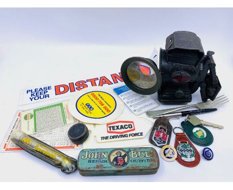 Petroleum Silver King bicycle lamp, John Bull puncture outfit, vintage enamel badges, Ford Anglia keyrings, and a small quant