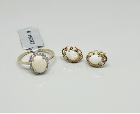 Gemporia, a set of 9k yellow gold Coober Pedy Opal and Argyle diamond ring and earrings, both with certificate of authenticit