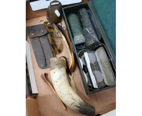 Leather bound tie box, vintage spectacles including two rolled gold Pince-nez, three shoe horns, relic horn powder flask and 