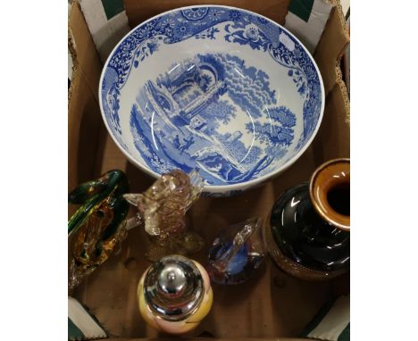 Large blue and white Spode bowl, studio-ware glass animals, Royal Doulton stoneware vase etc 