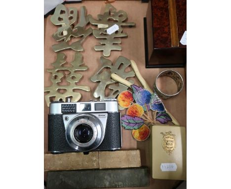 Two boxed cutthroat razors, a boxed Dubarry perfume bottle, early 20th C amboyna wood cigarette dispenser, Kodak 35mm Retinet