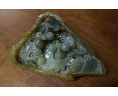 Chinese carved hard stone panel of large eyed ornamental fish (23.5cm x 18cm) 