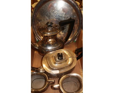 Four piece silver plated tea set and circular silver plated tray 