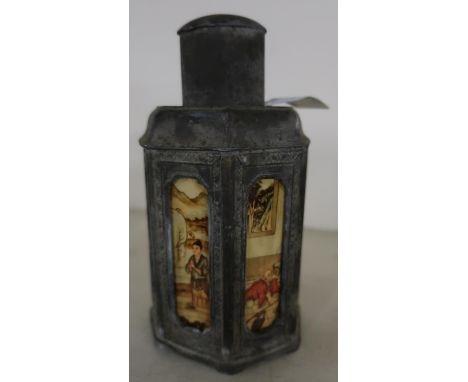 Chinese metal and glazed panelled decorative tea caddy (height 18cm) 