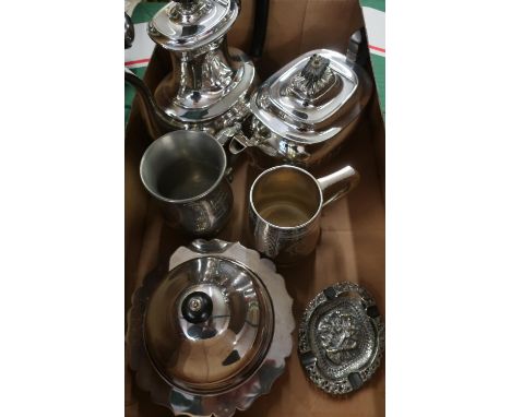 Part silver plated tea set, various tankards, continental pressed silver plated dish etc 