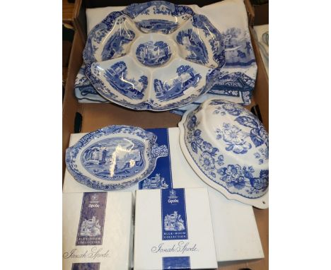 Large selection of modern Spode blue and white ceramics and accessories in two boxes, including teapots, serving tureens etc 