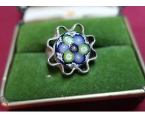 Boxed Caithness silver Millefleur glass ring 