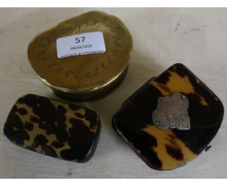 Early 19th C brass tobacco box with hinged top, early 19th C papier-mache and faux tortoiseshell snuff box, and a Victorian l