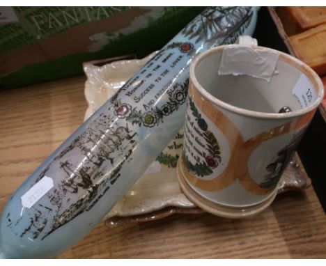 19th C Sunderland lustre ware frog tankard with scenes of The Unfortunate London Ship, two religious wall plaques and a Victo