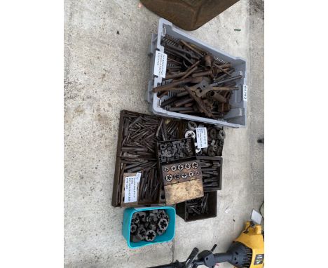 AN ASSORTMENT OF TAPS AND DIES BSF, BSW, WHIT, BSP AND GAS AND ASSORTED TAP WRENCH AND DIESTOCK HANDES