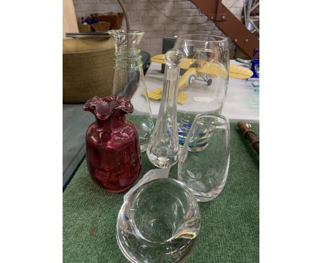 SIX PIECES OF STUDIO ART GLASS TO INCLUDE A 1960'S KOSTA BODA, SWEDEN VASE, LANGHAM GLASS HOUSE VASE, ETC