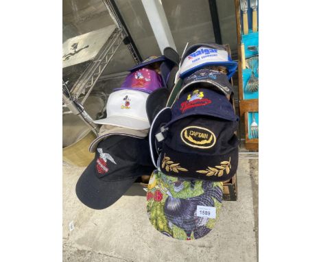 A LARGE QUANTITY OF VARIOUS BASEBALL CAPS TO INCLUDE SIMPSONS, MICKEY MOUSE, HARLEY DAVIDSON ETC