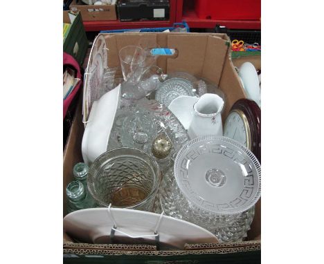 Frosted glass tazza with Greek key decoration, other glassware, miners plates, clock etc. 1 Box