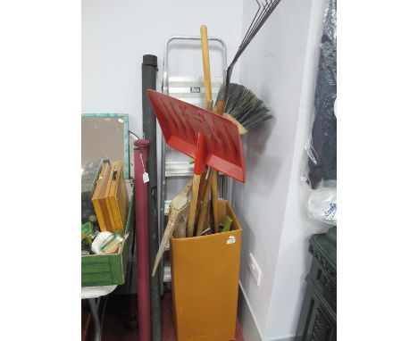 Garden Tools - spade, fork, brush, aluminum step ladders.