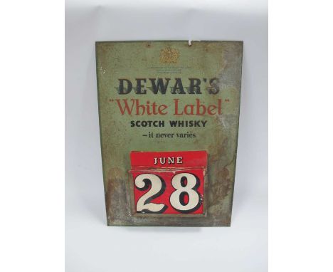 Vintage Advertising Dewar's White Label Scotch Whisky Tin Advertising Wall Calendar, circa 1950 with some card adjustable mon