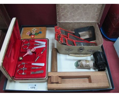 Magic lantern slides (12) to include Mickey Mouse, Santa, Lews, wooden rattle, manicure set, swiss box etc. 1 Tray