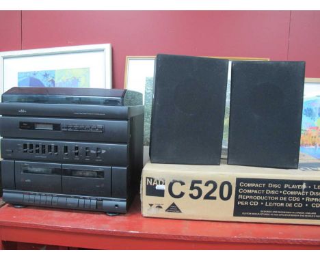 Saisho stereo twin cassette mini HiFi system together with pair of speakers and NAD C520 compact disk player. (4)
