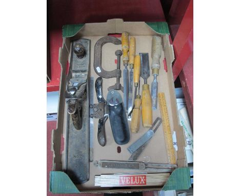 Tools - Baily No 7 plane, Maples g-clamp and chisels, rulers, spoke shave, etc:- One Box