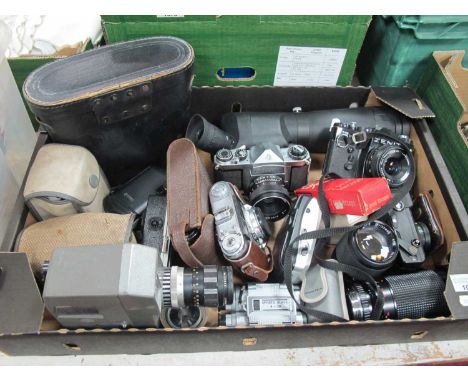 Ashahi Pentax Camera, Zenit 12XP camera, other camera's lens, Panorama 10 x 50 cased binoculars, etc:- One Box.