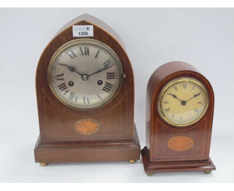 Edwardian Mahogany Inlaid Mantel Clock, with a silver dial Roman numerals, batwing inlay, plinth base, and brass bun feel, to