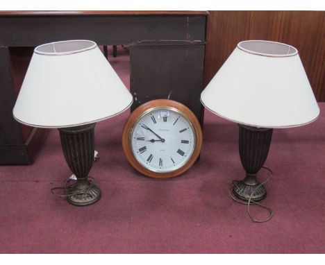 Pair of Marks &amp; Spencer Gilt Pottery Table Lamps, of fan form, Bakerville wall clock. (3).