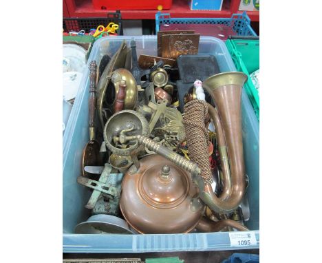 Scales, copper bugle and kettles, brassware, cutlery, etc:- One Box.