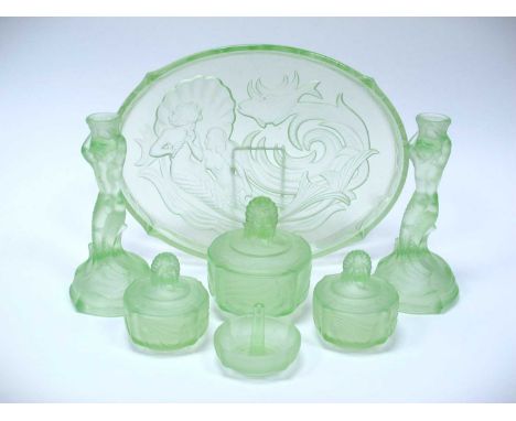 Art Deco Green Glass 'Mermaid' Lady's Dressing Table Set, in the style of Walther &amp; Sohne, candlesticks, ring tree, tidy 