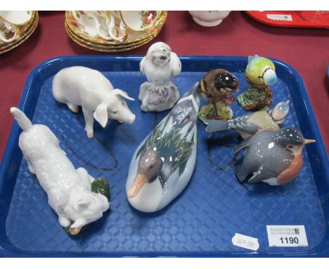 Royal Copenhagen Figure of a Duck, Pig, Terrier, Two Birds. Beswick figures of a Blue Tit, Goldfinch.